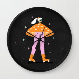 Mushroom Roller girl in Space Wall Clock | Character, Quirky, 70S, Astrology, Girl, Fun, Magic, Space, Female, Charly Clements 