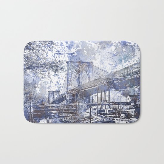 Brooklyn Bridge New York USA Watercolor blue Illustration Bath Mat