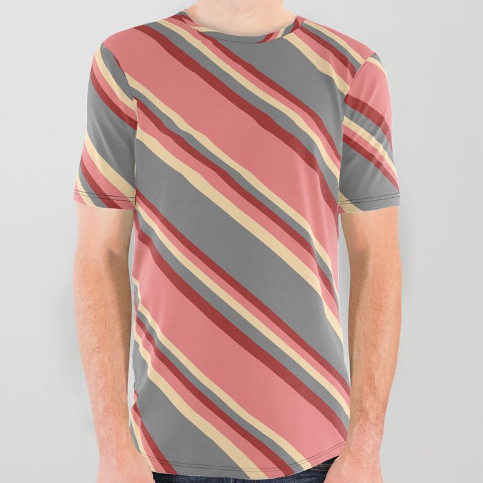 Light Coral, Tan, Gray & Brown Colored Striped Pattern All Over Graphic Tee