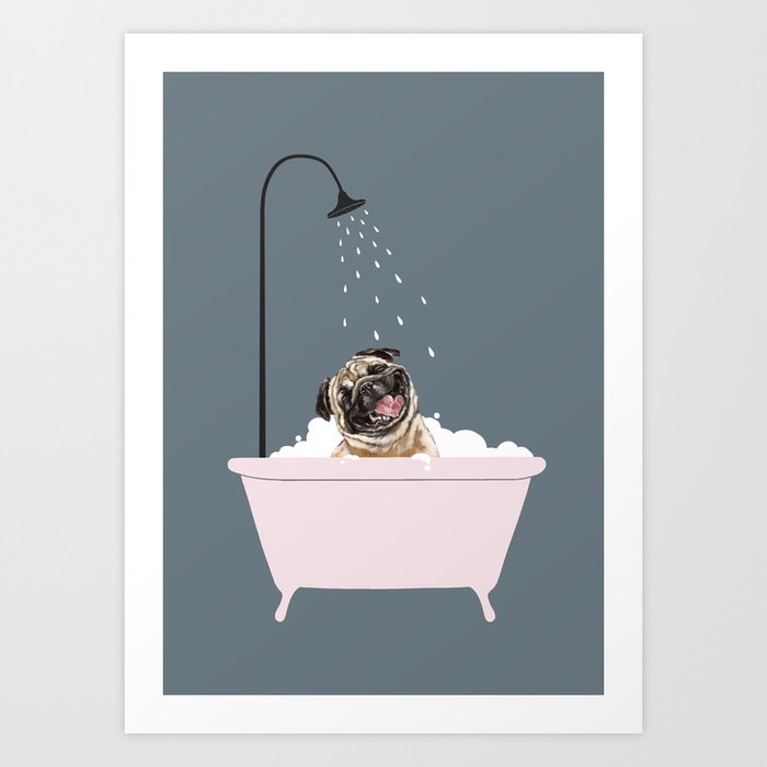 Laughing Pug Enjoying Bubble Bath Art Print
