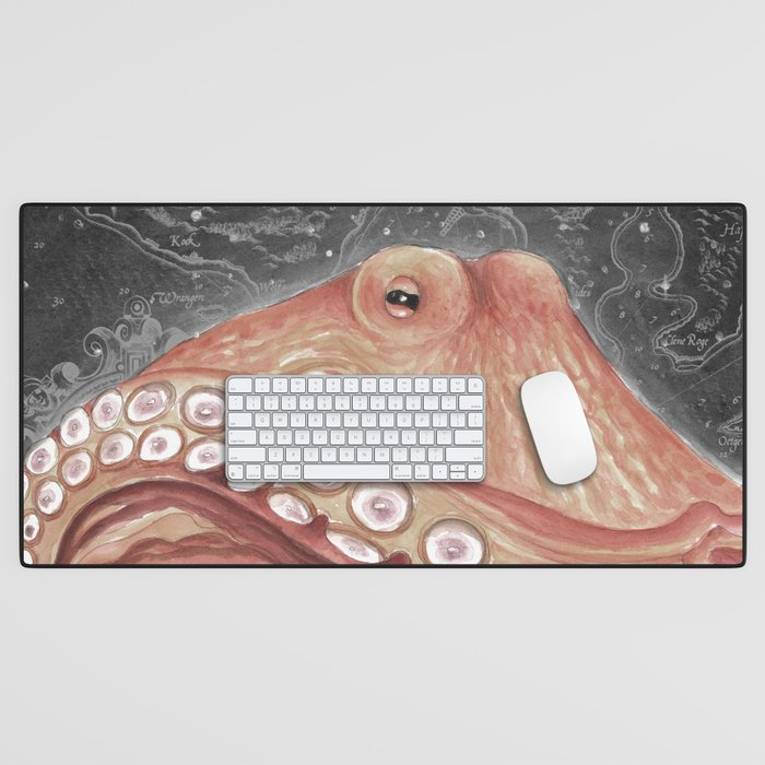 Octopus Kraken Red Vintage Map Distressed Nautical Marine Art Desk Mat