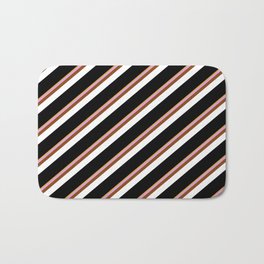 [ Thumbnail: Eye-catching Goldenrod, Plum, Brown, White & Black Colored Stripes Pattern Bath Mat ]