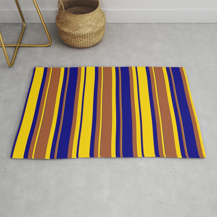 Yellow, Sienna & Blue Colored Striped Pattern Rug