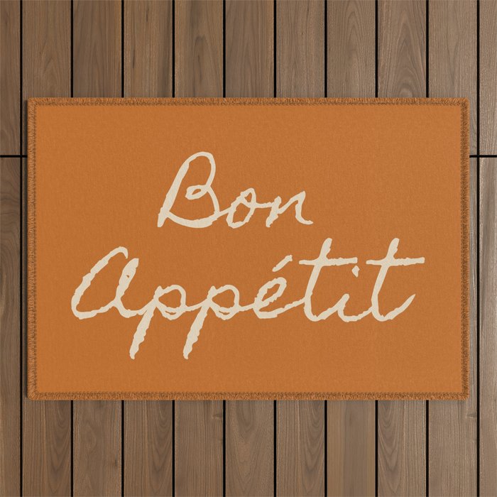 Bon Appétit, Hand Drawn Minimal Lettering Sand Beige on Burnt Orange Terracotta Rust Outdoor Rug