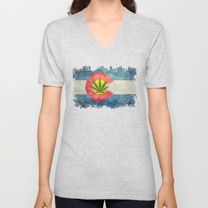 Colorado Flag with Marijuana Leaf V Neck T Shirt