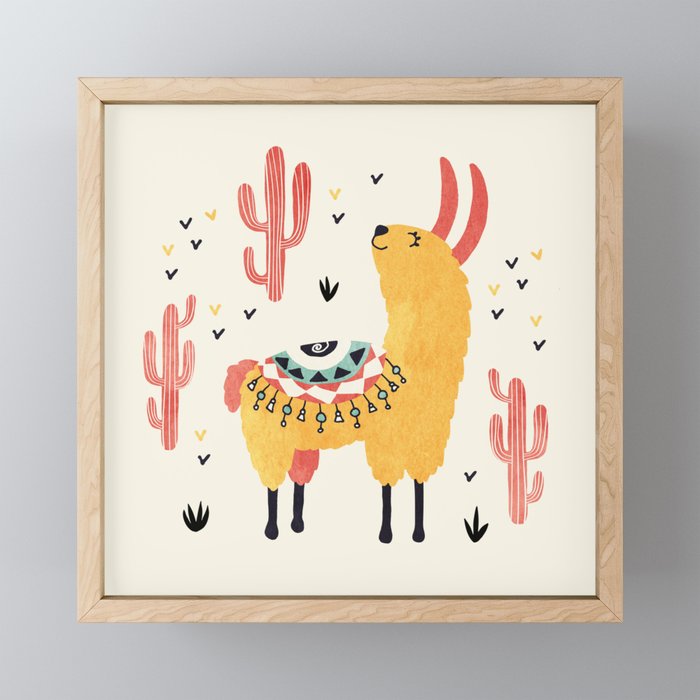 Yellow Llama Red Cacti Framed Mini Art Print