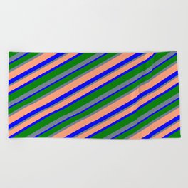 [ Thumbnail: Slate Gray, Light Salmon, Blue & Green Colored Lines/Stripes Pattern Beach Towel ]