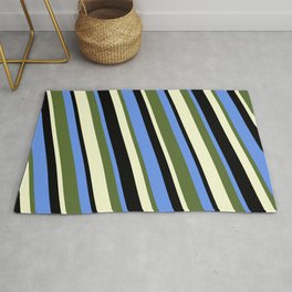 [ Thumbnail: Cornflower Blue, Dark Olive Green, Light Yellow, and Black Colored Lines/Stripes Pattern Rug ]