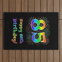 [ Thumbnail: 85th Birthday - Fun Rainbow Spectrum Gradient Pattern Text, Bursting Fireworks Inspired Background Outdoor Rug ]