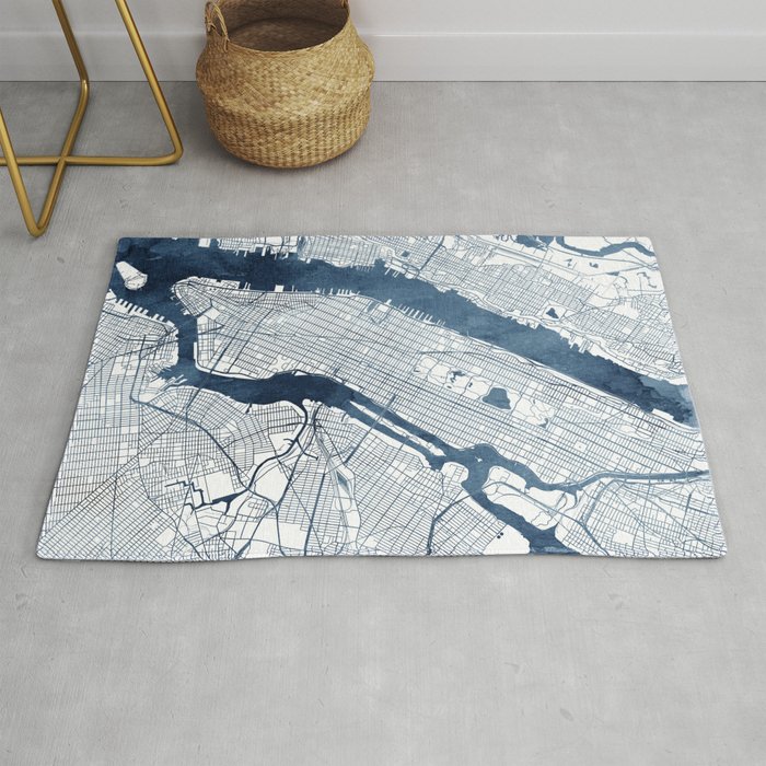 New York City Map Blue Watercolor by Zouzounio Art Rug