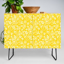 Yellow And White Eastern Floral Pattern Credenza