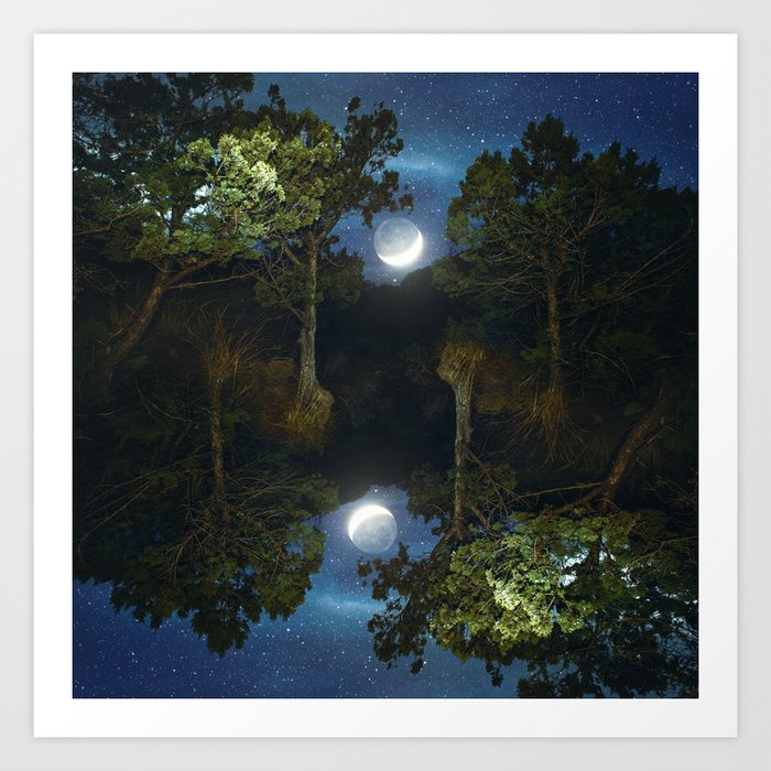 Moonset in coniferous forest Art Print