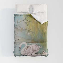 Swans on the lake with water lillies Duvet Cover