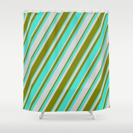 [ Thumbnail: Turquoise, Light Grey & Green Colored Lines/Stripes Pattern Shower Curtain ]