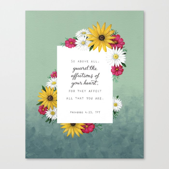 Guard Your Heart Bible Verse Hand Lettering with Daisies Canvas Print