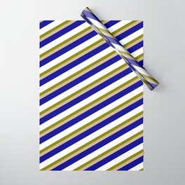 [ Thumbnail: Green, Tan, Dark Blue, and White Colored Stripes/Lines Pattern Wrapping Paper ]