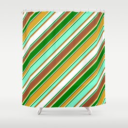 [ Thumbnail: Vibrant Aquamarine, Sienna, Goldenrod, White & Green Colored Lines/Stripes Pattern Shower Curtain ]