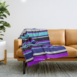 [ Thumbnail: Colorful Dark Violet, Turquoise, Midnight Blue, Light Gray & Black Colored Striped/Lined Pattern Throw Blanket ]