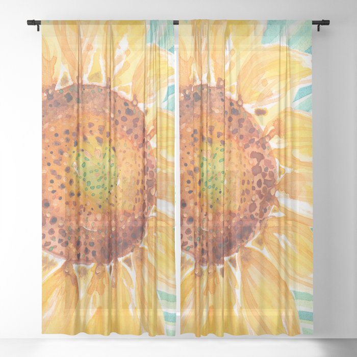 Wild Sunflower Golden Waves_Minimal hand painted watercolor Sheer Curtain