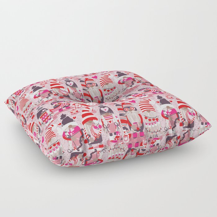 I gnome you more // pastel pink background red and pink Valentine's Day gnomes and motifs Floor Pillow