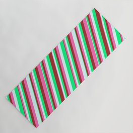 [ Thumbnail: Green, Brown, Hot Pink & Light Cyan Colored Striped Pattern Yoga Mat ]