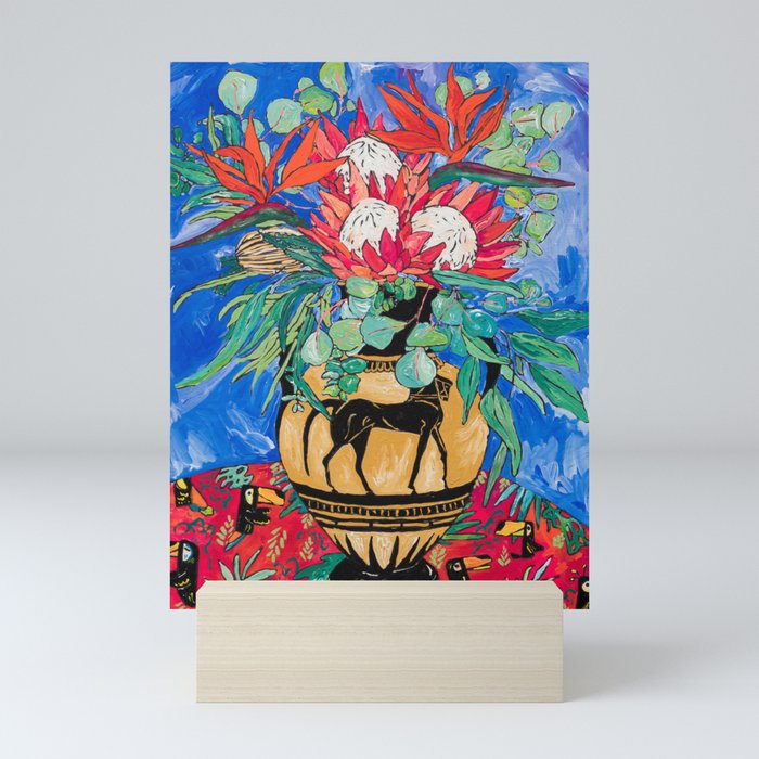 Tropical Protea Bouquet with Toucans in Greek Horse Urn on Ultramarine Blue Mini Art Print