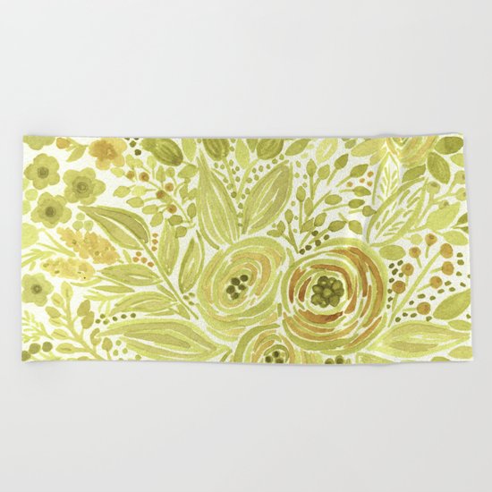Watercolor . Yellow green bouquet . Beach Towel