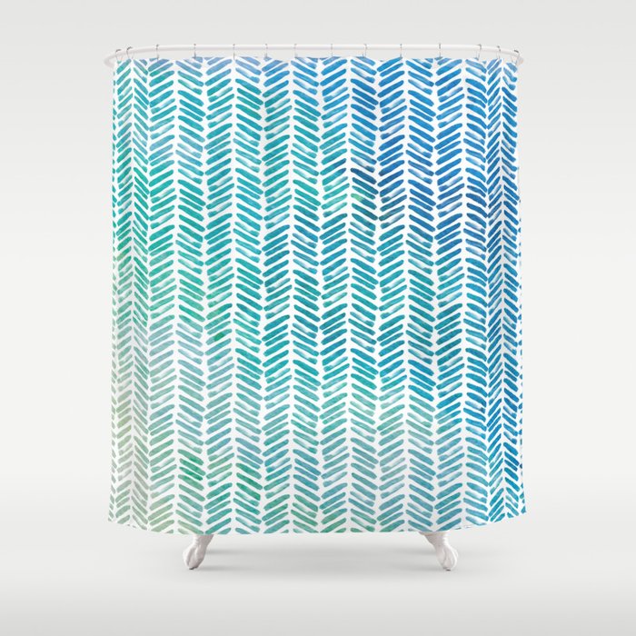 Handpainted Herringbone Chevron pattern - small - teal watercolor on white Shower Curtain