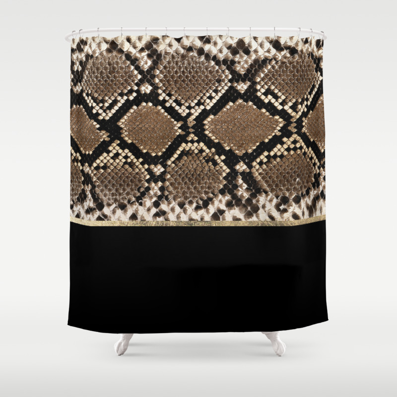 Modern Black Brown Gold Snake Skin Animal Print Shower Curtain By