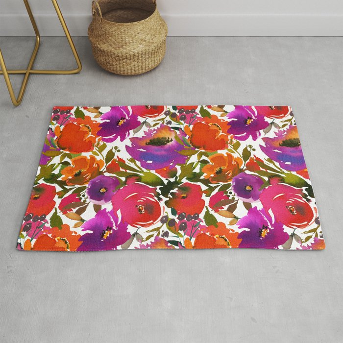 Colorful hand painted watercolor botanical floral Rug