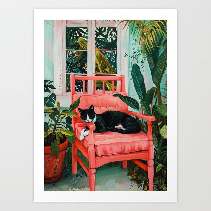 Charming Contrast: Monochrome Cat on Crimson Chair Art Print