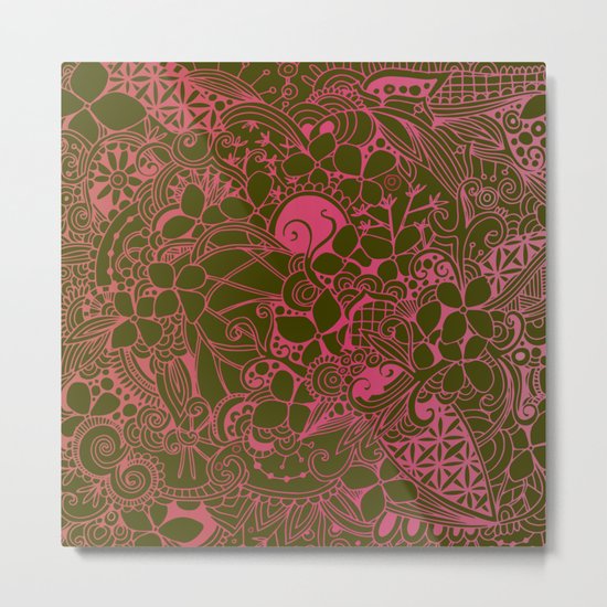 Olive square, pink floral doodle, zentangle inspired art Metal Print