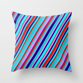 [ Thumbnail: Colorful Aqua, Red, Dark Turquoise, Violet, and Blue Colored Lined Pattern Throw Pillow ]