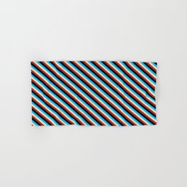 [ Thumbnail: Tan, Brown, Black & Deep Sky Blue Colored Striped Pattern Hand & Bath Towel ]