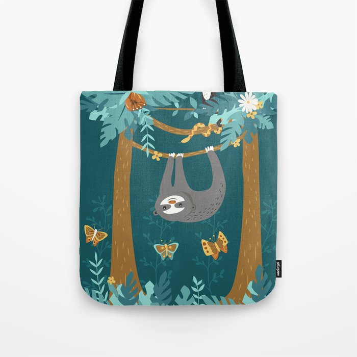 Sloth Hanging in a Teal Forest Tote Bag