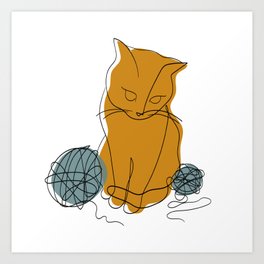 Cat with yarn line art Art Print