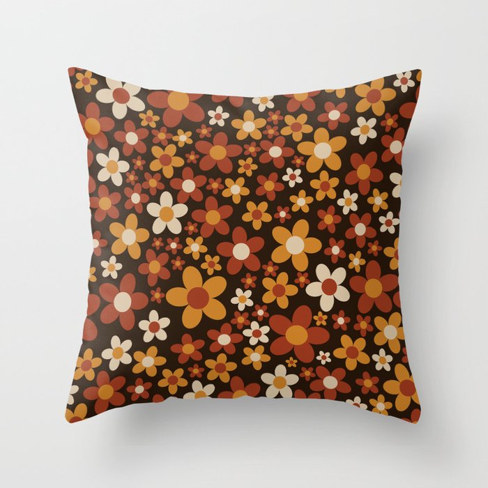 Retro 70s floral Orange Yellow pattern Throw Pillow
