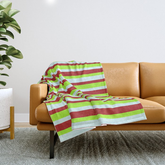 Light Green, Light Cyan, and Red Colored Striped/Lined Pattern Throw Blanket