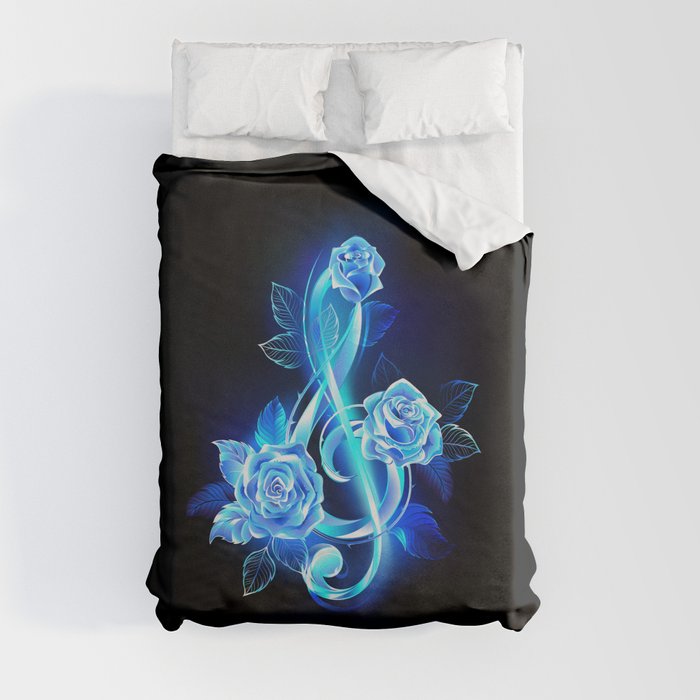 Fiery Treble Clef with Blue Roses Duvet Cover