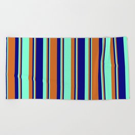 [ Thumbnail: Chocolate, Aquamarine & Blue Colored Stripes Pattern Beach Towel ]
