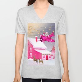 Santa Claus In Pink Scenery V Neck T Shirt