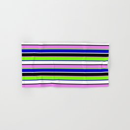 [ Thumbnail: Violet, Chartreuse, Blue, White, and Black Colored Stripes Pattern Hand & Bath Towel ]