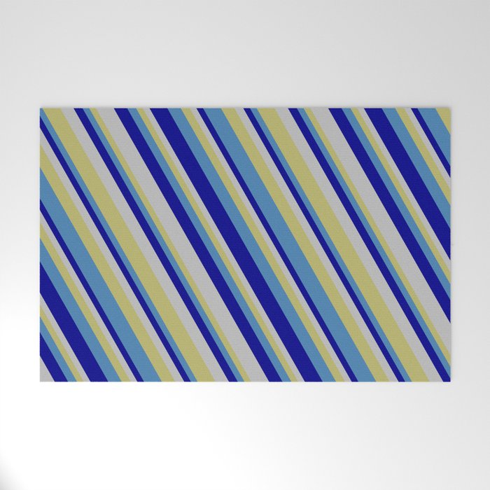 Dark Khaki, Blue, Dark Blue & Grey Colored Lines/Stripes Pattern Welcome Mat