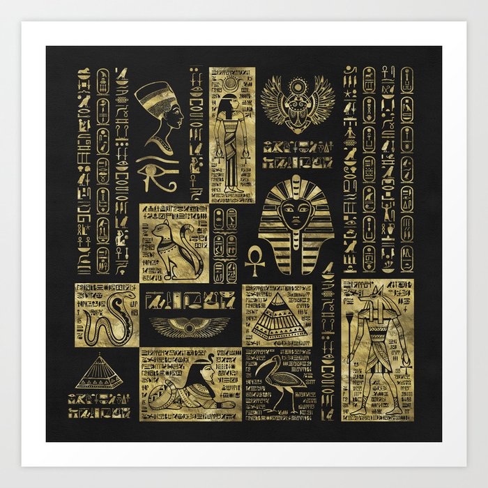 Egyptian  hieroglyphs and symbols gold on black leather Art Print