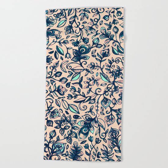 Teal Garden - floral doodle pattern in cream & navy blue Beach Towel