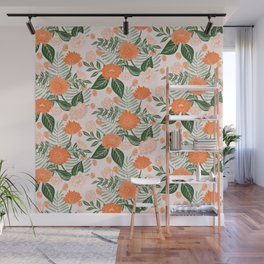 Floral wandering - retro flower bouquet - blush and orange Wall Mural