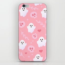 Ghost Cute Seamless Pattern in Pink Colours with Skulls, Hearts and Leaves iPhone Skin