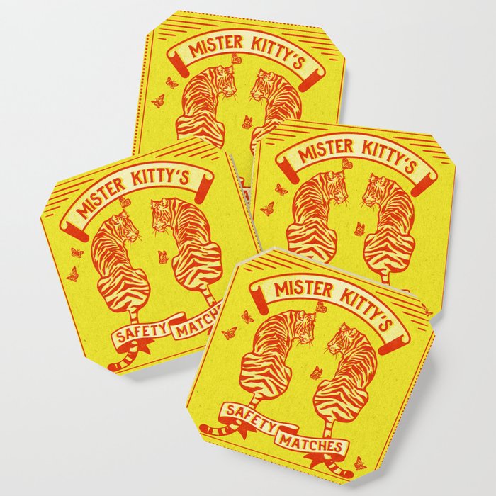 "Mister Kitty's Safety Matches" Cool Retro Tiger Yellow Matchbook Art Coaster