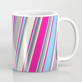 [ Thumbnail: Colorful Light Sky Blue, Dim Grey, Dark Grey, Beige, and Deep Pink Colored Pattern of Stripes Coffee Mug ]