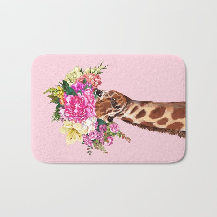 Flower Crown Baby giraffe in Pink Bath Mat